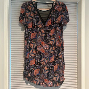 Ella moss paisley mini dress mesh v neck string back neck closure with snap